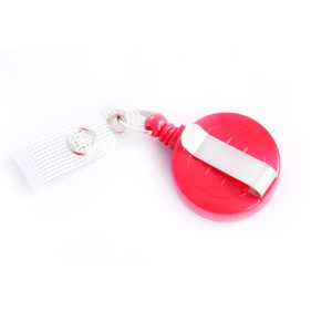 Red Plastic Economy Reel with Belt Clip & Reinforced Clear Vinyl Strap Clip. Cord: 86cm Nylon Cord.