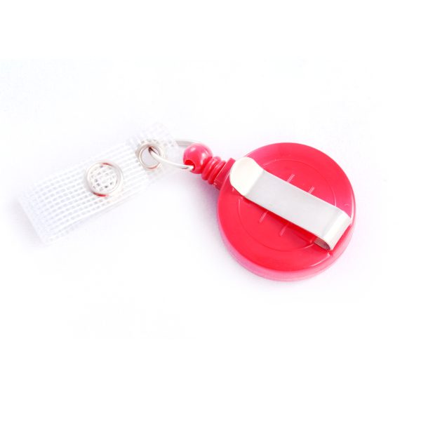 Red Plastic Economy Reel with Belt Clip & Reinforced Clear Vinyl Strap Clip. Cord: 86cm Nylon Cord.